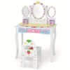 product-open-7b03cc9c8cae45eea17df7aab76b4a9b-goods COSTWAY Kids Vanity Table & Chair Set, Princess Makeup Dressing Table w/ 360° Rotating Tri-fold Mirror & Cute Strawberry Prints, 2 in 1 Vanity Set Writing Desk w/ 3 Drawers & 2 Storage Grids