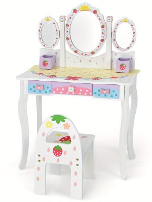 COSTWAY Kids Vanity Table & Chair Set, Princess Makeup Dressing Table w/ 360° Rotating Tri-fold Mirror & Cute Strawberry Prints, 2 in 1 Vanity Set Writing Desk w/ 3 Drawers & 2 Storage Grids