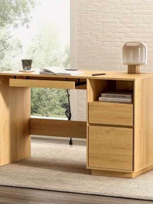 47" Office Desk, Farmhouse Executive Desk with File Drawer& Outlet, Wood Computer Desks with Keyboard Tray, Workspace for Study Writing