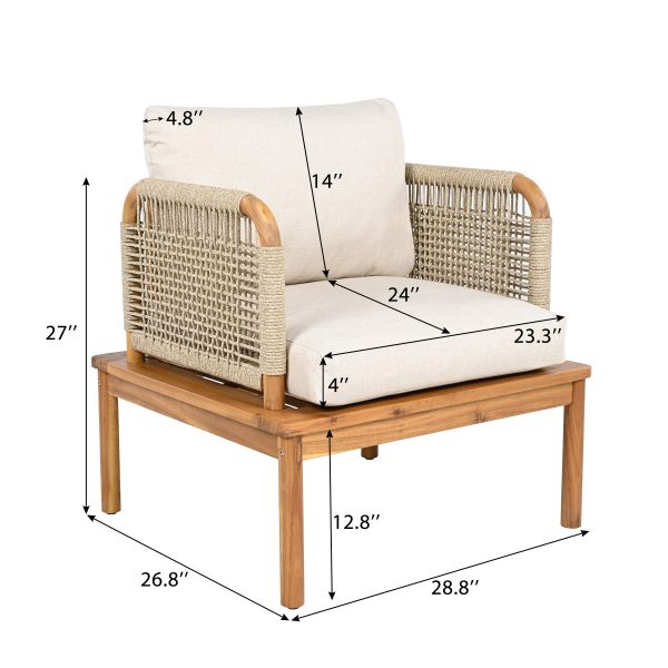 product-open-7b37fa636883487483dc701a090ee259-goods Outdoor Acacia Wood Rope Club Chair, Waterproof Cushioned Patio Dining Chair, Weather Resistant Patio Lounge Chair for Backyard Garden Porch Balcony, Easy Assembly Deep Seat Conversation Accent Chair with Removable Washable Beige Teak Cushion