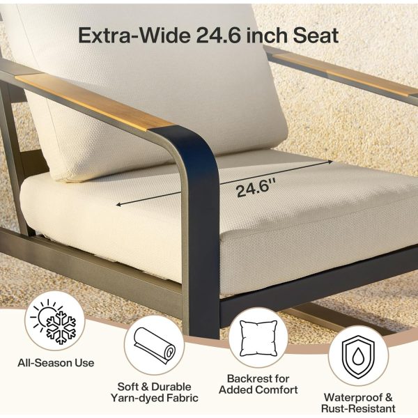 Outdoor Patio Lounge Chair with Beige Cushions, Black Aluminum Frame, Wood Armrests, Modern Style, Ideal Fathers Day Gift