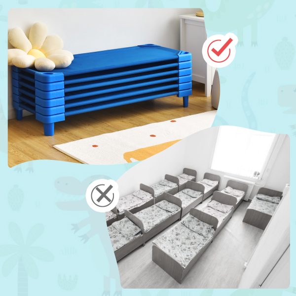 product-open-7b7d18721c844ffe9251e09d6a95a9fa-goods COSTWAY Heavy-Duty Stackable Daycare Cot - Preschool Naptime Rest Mat with Easy-Lift Corners & Detachable Oxford Fabric, Space-Saving Design, Standard Size for Daycares - 6-Pack, Blue, Cot for, Daycare Essentials, Playful Design, Durable Construction, Daycare Furniture, Parents And Caregivers