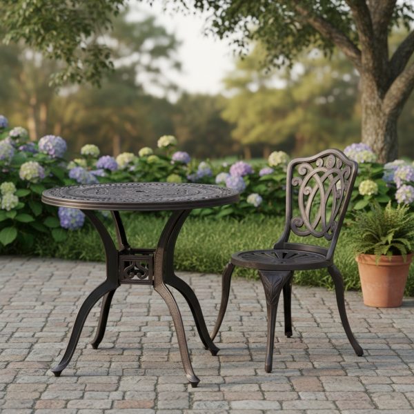 31. 5-Inch Cast Aluminum Dining Table, Round Bistro Table W/ 1. 96-Inch Umbrella Hole & Adjustable Leveling Feet, Robust Metal Patio Table for Backyard & Porch