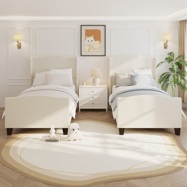 product-open-7bbe8075b0d3442c995062ff87b558e5-goods Twin Size Bed Frame with 49. 21"High Back Upholstered Headboard and 27. 17" High Footboard, Teddy Velvet, 12 Slat Support, Solid Wood Feet, No Box Spring Needed White