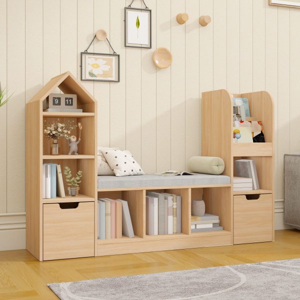 product-open-7bfd83e091634c96a0b9fbaa37d9c38a-goods Nordic Style Bookcase with Reading Nook | Space-Saving Storage Cabinet with 7 Cubbies, 2 Movable Drawers & Seat Cushion, Multifunctional Organizer for Living Room, Bedroom, Office, Wood Color, Hardwood Material, VABCHES Brand
