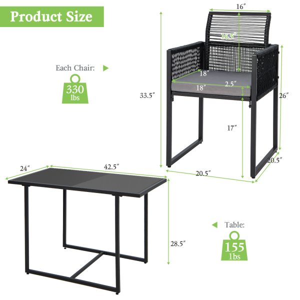 product-open-7c4ae68925184a4287cc697331ae0e72-goods LIFEZEAL 3pcs Patio Dining Set, Outdoor Space-Saving PE Wicker Bistro Set with Cushions, Patio Tempered Glass Top Table and Chairs Set for Porch, Garden and Backyard
