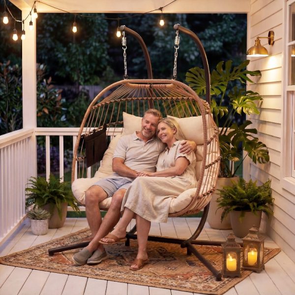 product-open-7c5e3bf7f40b40b797ab982bd0434479-goods 2 Person Hanging Egg Chair with Stand, Outdoor Wicker Swing Chair with Cushion, Heavy Duty Loveseat Chair for Patio Balcony Bedroom