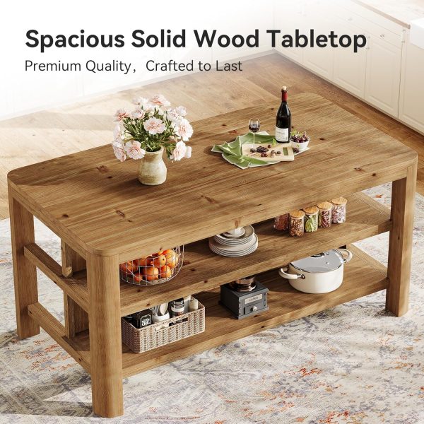 product-open-7cda9be0d2094debb62af70f7a27158f-goods 63-Inch Solid Wood Kitchen Island with Ample Storage Shelves, Farmhouse Style Kitchen Island Table with Seating, Counter Height Bar Table for Dining Room & Kitchen, Sturdy Construction & Easy to Assemble