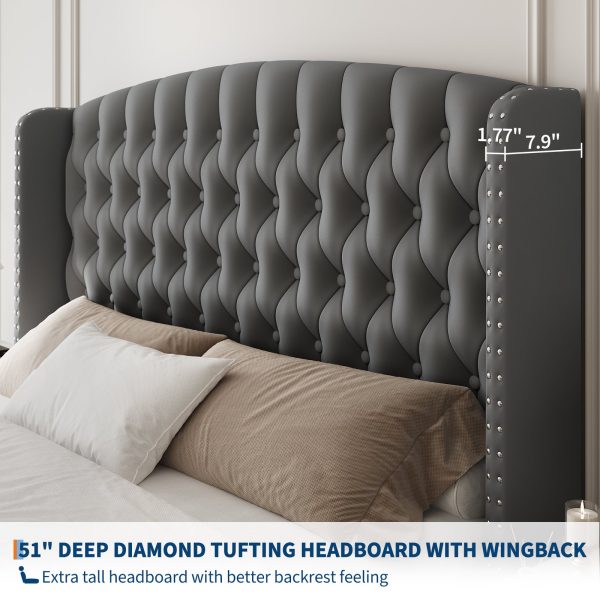 product-open-7d39b50859354207b73e730f1fa862ff-goods Modern Queen Platform Bed Frame with Wingback Headboard - Cream Beige Suede Upholstery, Deep Button Tufted, Sturdy Slats & Noise-Free Base, No Box Spring Required, Easy Assembly Suitable for Luxury Bedroom Furniture