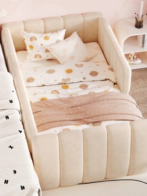 Upholstered Floor Daybed with Removable Guardrails, Compatible with Standard US Mattresses, Safety Bed with High Headboard And Footboard, Beige