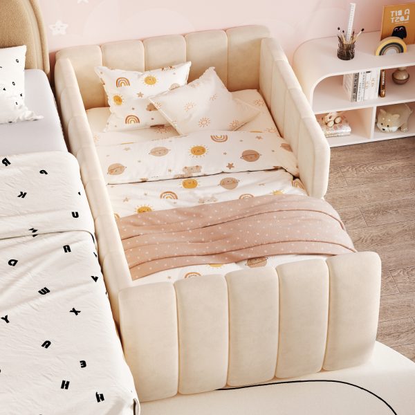 product-open-7d8418a4bc7e40ceacabe5bf6aeeef70-goods Upholstered Floor Daybed with Removable Guardrails, Compatible with Standard US Mattresses, Safety Bed with High Headboard And Footboard, Beige
