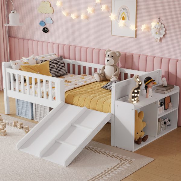 product-open-7db2c4dd9aa84e67a718771327d838e5-goods Twin Size Low Loft Bed for Kids with Slide, Movable Bookshelf Storage, Guardrails, Low Loft Bed Frame for Kids, White (Expect Arrival Date 2026/4/3)