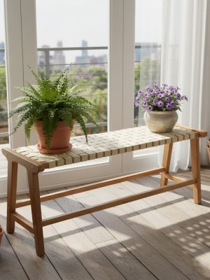47-Inch Teak Outdoor Bench, Backless Wooden Dining Seat with Woven Fabric, Sturdy Wood Legs, Suitable for Indoor/Outdoor Use in Porch, Backyard, Deck, Or Entryway