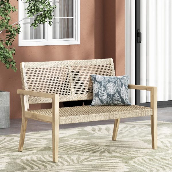 product-open-7ef44113888e41d397f6abc1fdb74b29-goods Urban Rustic Outdoor Wicker And Acacia Wood Loveseat, Light Multibrown And Light Brown, 34'' H X 5'' X 27.25'' D