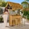 product-open-7fa0b4e2c4eb4c2d883ed47a3a828dad-goods Outdoor Bar Set with Grass Canopy, 2-Seat Patio Bar Table And Stools, Bar Height Outdoor Dining Set, Adjustable Feet Design, Built-In Storage Space, Tiki Bar Furniture for Backyard Poolside Garden Deck Porch Balcony