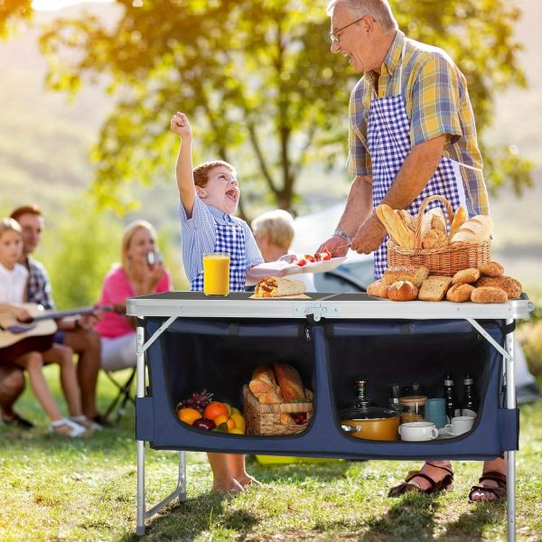 product-open-80a0ca3686d64909b8a0bd73e46aea9d-goods Bonnlo 4ft Folding Table with Storage Aluminum Camping Picnic Table Adjustable Height for Outdoor Beach BBQ Backyards Travel Party Garden Patio Folding Dining Table Black/ White Foldable Table Camping Gear and Equipment