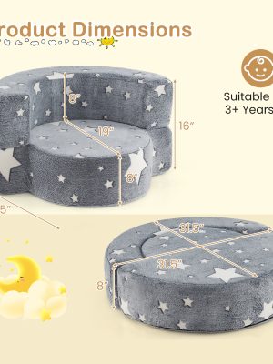 COSTWAY Kids Glow in the Dark Plush Couch 2-in-1 Convertible Sofa & Play Mat with Glow Stars, Machine Washable Flannel Cover, Soft Sponge Padding, ' Round Furniture, Bedtime Play Center
