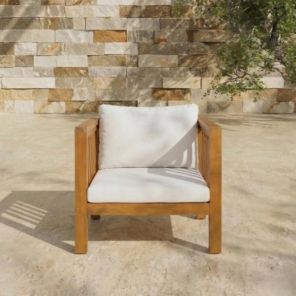 product-open-82cd4135a5004836a05429e72afe01b0-goods Outdoor Acacia Wood Club Chair with Modern Square Arms, Patio Chair with Thick Cushion, Adjustable Leveling Feet for Poolside, Backyard And Deck, Beige Cushion