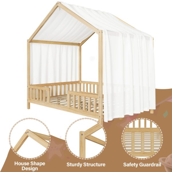product-open-82fc6573005445f5adced80e8d19272f-goods Full Bed Frame for Kids, House Shape Bed Frame with High Railings, Wood Kids Bed with Roof, Kid Full Bed, Natural