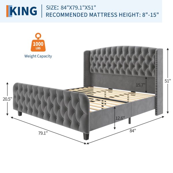 product-open-83165b890cf547ea976c7691380d103e-goods Modern Queen Platform Bed Frame with Wingback Headboard - Cream Beige Suede Upholstery, Deep Button Tufted, Sturdy Slats & Noise-Free Base, No Box Spring Required, Easy Assembly Suitable for Luxury Bedroom Furniture