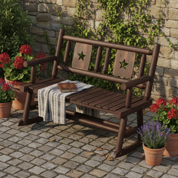 MULTIGOT 2-Person Carbonized Wood Rocking Bench with Ergonomic Seat & Arms - Rustic Log Design Heavy-Duty Outdoor Loveseat Rocker Chair, 400lb Capacity, Smooth Rocking Mechanism, All-Weather Resistant for Backyard, Porch