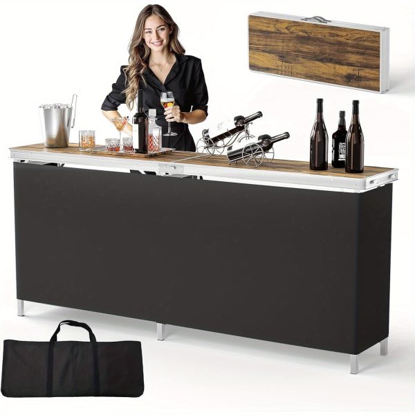 Bonnlo 78 Inch Mobile Bar Table with 2 Tier Shelves Portable Bar Table with Black Skirt for Outdoor Events Party Camping Picnic Mobile Bartending Station Black/ White/ Natural Garden Patio Dining Tables