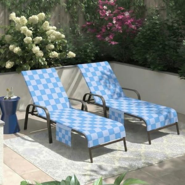product-open-83a09cf6777f4435b588e42cc9125c4e-goods Lounge Chaise Chair Towel Covers Pack of 2, Beach Chair Cover with 3 Pockets for Pool Outdoor Beach Garden Patio Trips, 85 X30in (Blue Checkerboard)