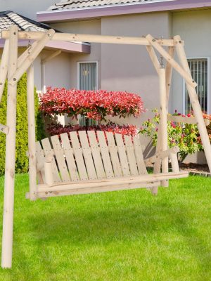 [Heavy Duty Swing] Bonnlo Heavy Duty 880 LBS Wooden Patio Porch Swing with A-Frame Stand, Hanging Swing Bench Chair with Frame for Outside, Yard, Garden (Rustic Sequoia Dusk/Natural)