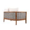2pcs Acacia Patio Furniture Set, Outdoor Unique Tub Design Loveseat with Woven Rope Table, Deep Seating with Soft Cushions for Porch, Garden, Backyard, Balcony, Teak End And Beige Cushion