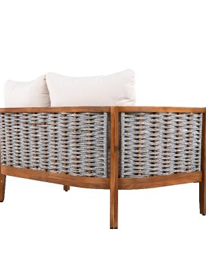 2pcs Acacia Patio Furniture Set, Outdoor Unique Tub Design Loveseat with Woven Rope Table, Deep Seating with Soft Cushions for Porch, Garden, Backyard, Balcony, Teak End And Beige Cushion