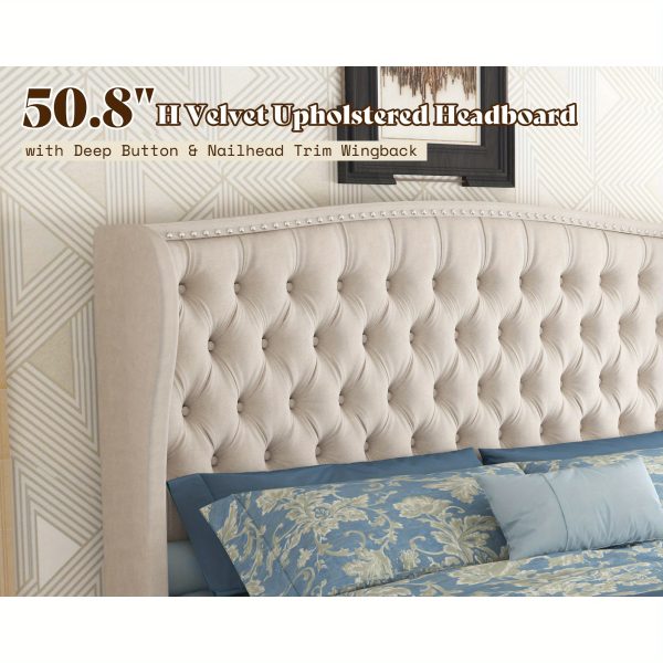 product-open-8473c1cb0afd4ae5990eff8bf067ea3d-goods LUXOAK 51" H Adjustable Bed Frame with Velvet Upholstery and Deep Button Tufted Headboard, Dual Motor Wingback Bed with Nailhead Trim, No Box Spring Required