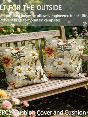Outdoor Pillows 2pcs Set with InsertVintage Botanical Lily and Daisy Garden Print Decorative Throw Pillow 17.72inch, Weather-Resistant Fabric for Patio Sofa, Garden Bench, and Outdoor Living Space, Durable Zipper Closure, Machine Washable Seasonal