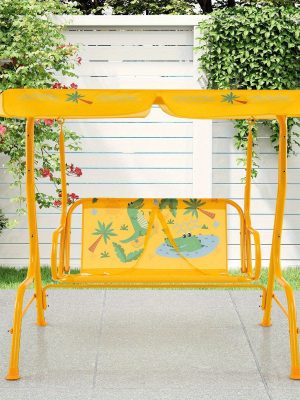 COSTWASY Kids Patio Swing, 2-Seater Swing Chair w/ Metal Stand & Adjustable Canopy, Outdoor Mini Swing w/ Safety Belts for Kids over 3, Porch Seating Solution, Adjustable Canopy Swing, Adjustable Canopy Design, Sturdy Metal Stand, Robust Swing Mechanism, Parents Of
