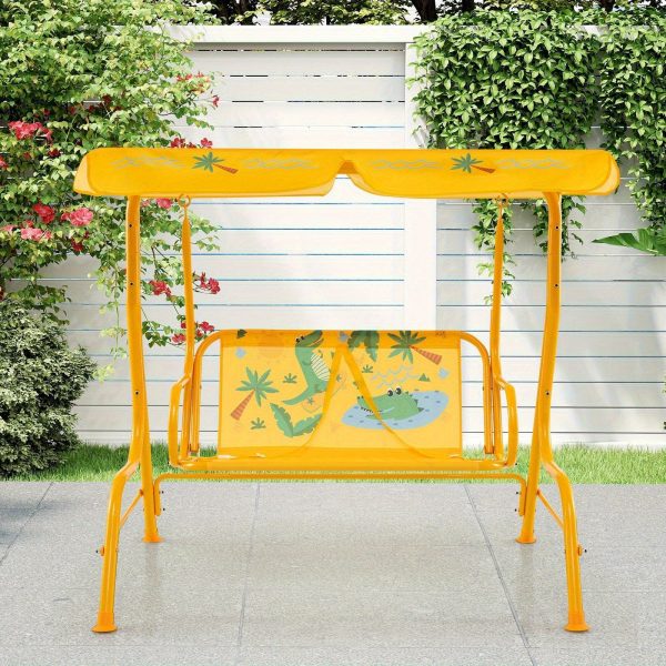 COSTWASY Kids Patio Swing, 2-Seater Swing Chair w/ Metal Stand & Adjustable Canopy, Outdoor Mini Swing w/ Safety Belts for Kids over 3, Porch Seating Solution, Adjustable Canopy Swing, Adjustable Canopy Design, Sturdy Metal Stand, Robust Swing Mechanism, Parents Of