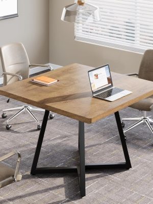 31.5' Square Conference Table, Industrial Office Meeting Table for 4 People, Business Podcast Furniture with Metal Base for Small Spaces, Office Conference, Natural