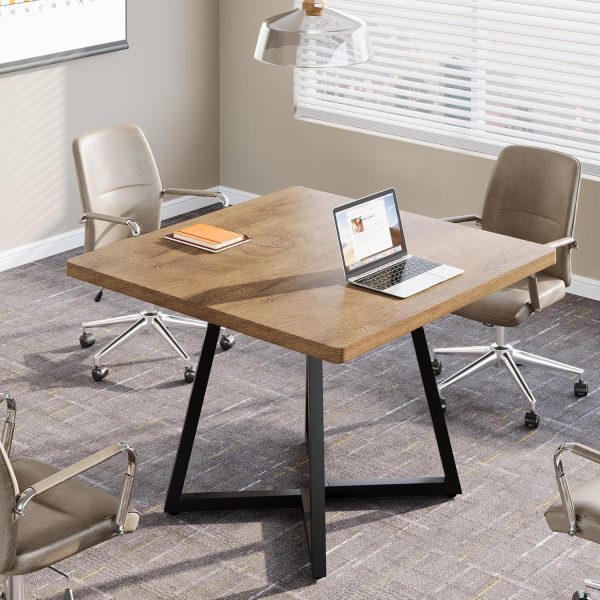 product-open-865ccff6d11b46d7a8f91e20ed833118-goods 31.5' Square Conference Table, Industrial Office Meeting Table for 4 People, Business Podcast Furniture with Metal Base for Small Spaces, Office Conference, Natural