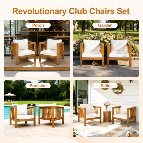 product-open-86aedf46f3c84a7f9d458b7934f9b5e8-goods Outdoor Acacia Wood Club Chair with Modern Square Arms, Patio Chair with Thick Cushion, Adjustable Leveling Feet for Poolside, Backyard And Deck, Beige Cushion