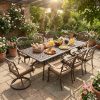 9pcs Cast Aluminum Outdoor Patio Dining Set - Ornate Scrollwork Design, Weather-Resistant Rust-Proof Frame, Square Table & 6 Cushioned Chairs, Suitable for Garden, Backyard & Poolside
