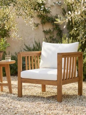 Outdoor Acacia Wood Club Chair with Modern Square Arms, Patio Chair with Thick Cushion, Adjustable Leveling Feet for Poolside, Backyard And Deck, Beige Cushion