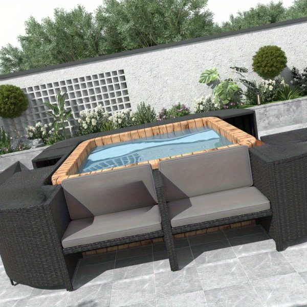 [Outdoor All Weather Sofa] Patio Rattan Sofa Set Spa Surround Spa Frame With Storage Spaces, Outdoor All Weather Round Conversation Sofa Set With Acacia Wood Seats And Waterproof Cushion, Free Combination