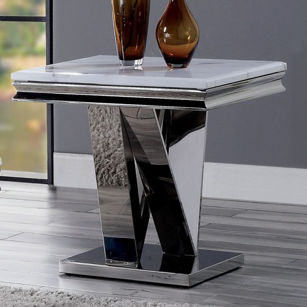 1pc End Table Modern Glam Style 18Mm Faux Marble on Top Rectangular V-Shape Pedestal Base Stainl Steel Metal Structure Chroma End Coffee Table-Not Included