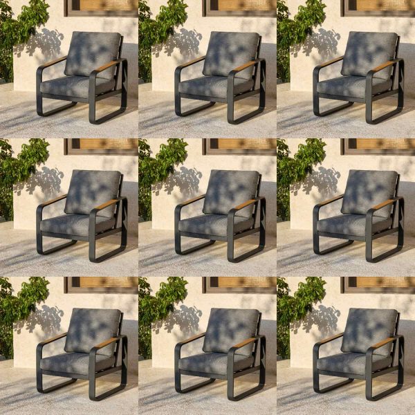 Outdoor Patio Lounge Chair with Beige Cushions, Black Aluminum Frame, Wood Armrests, Modern Style, Ideal Fathers Day Gift