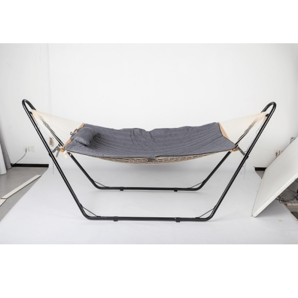 [Outdoor Camping] BABABA Heavy-Duty Iron Hammock with Stand - Large Outdoor Hanging Bed, 315x104x128cm Gray Bed Frame & Black Poles, 440lb Weight Capacity, Double-Layer Quilted Canvas Suitable for,, Balcony, Camping