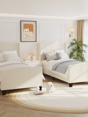 Twin Size Bed Frame with 49. 21"High Back Upholstered Headboard and 27. 17" High Footboard, Teddy Velvet, 12 Slat Support, Solid Wood Feet, No Box Spring Needed White