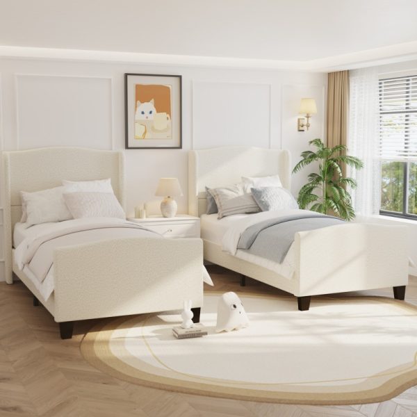 product-open-8909b0a91b1c4bce9310c3d50990ea67-goods Twin Size Bed Frame with 49. 21"High Back Upholstered Headboard and 27. 17" High Footboard, Teddy Velvet, 12 Slat Support, Solid Wood Feet, No Box Spring Needed White