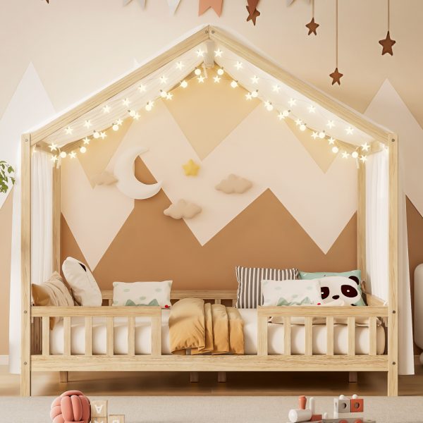 product-open-8919cd36ecd0439b94fad9b24a105778-goods Full Bed Frame for Kids, House Shape Bed Frame with High Railings, Wood Kids Bed with Roof, Kid Full Bed, Natural