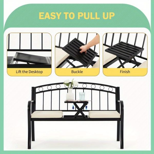 [Outdoor Patio Bench] Outdoor Patio Garden Bench Peacock Feather Backrest, Cast Iron Frame, Comfortable Seat for Yard, Porch, or Park