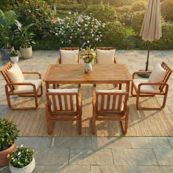 product-open-899d9c5fce704f87a1aedd45a523d8f0-goods 7pcs Patio Dining Set Outdoor Dining Table And Chairs Stylish Outdoor Furniture Set with Removable Cushions for Patio, Backyard, Garden, Natural Wood And Beige Cushion