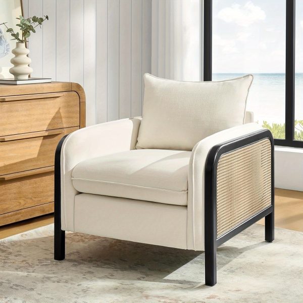 product-open-89c8cabe1a6a4e79a357923049e1bc54-goods Modern Woven Rattan Accent Chair with Wooden Armrests & Legs - Detachable Cushion, Upholstered Seat, Natural Brown Finish for Living Room, Bedroom, or Makeup Room - Easy Assembly, Durable Polyurethane & Hardwood Construction, Bedroom Seating, Elegant Seating Option, Sturdy Construction, Home Decor Lovers