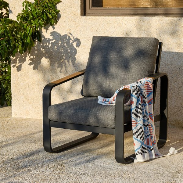 Outdoor Patio Lounge Chair with Beige Cushions, Black Aluminum Frame, Wood Armrests, Modern Style, Ideal Fathers Day Gift